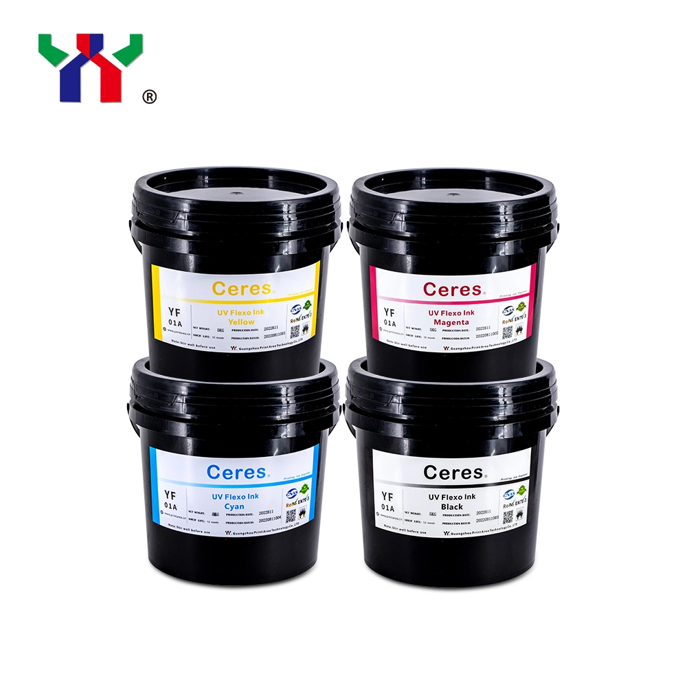 High Quality Ceres Strong Adhesive Force UV/LED Flexo Printing Ink for Paper and Label Printing (PP, PET materials) , Color Yellow, 5kg/Barrel